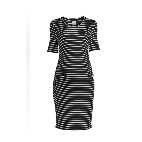 Time and Tru Maternity Short Sleeve Striped Dress Size M Scoop Neck Side Ruching - Picture 1 of 5